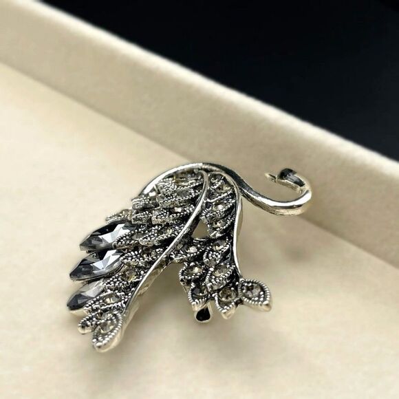 Silver with Champagne Topaz and Gray Crystal Graceful Swan Pin Back Brooch - Picture 6 of 7